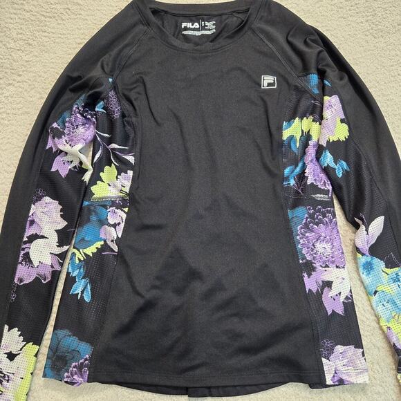 Fila Long Sleeve Activewear Top Black with Floral Mesh Running Cycling Women's S - Picture 2 of 11